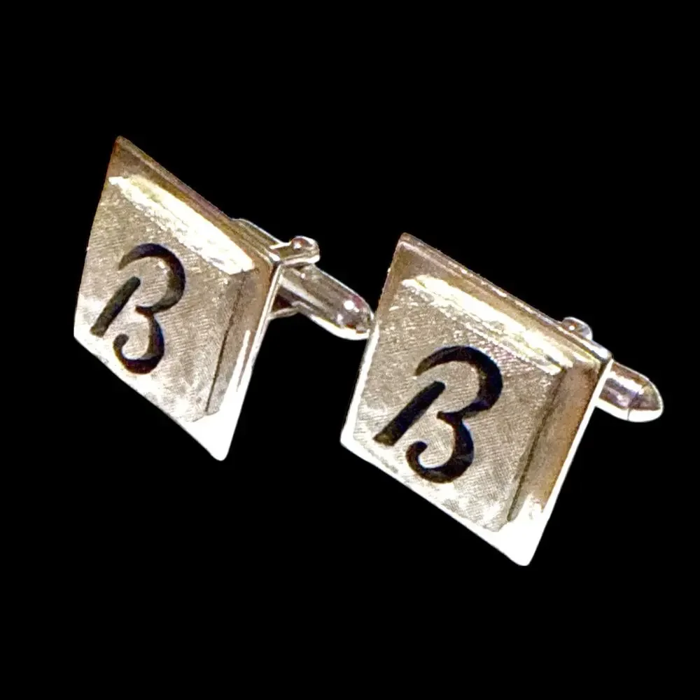 Vintage Swank Cufflinks Mens Silver Tone Monogrammed B Polished and Crosshatched